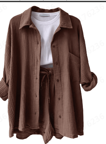 春夏新款女装欧美风皱布翻领长袖衬衫高腰抽绳短裤时尚休闲两件套,女装/女士精品,衬衫,淘宝优惠券,粉丝福利购,淘宝优惠卷