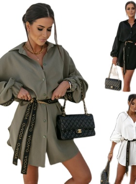 春季OL风排扣长袖衬衫连衣裙短裙