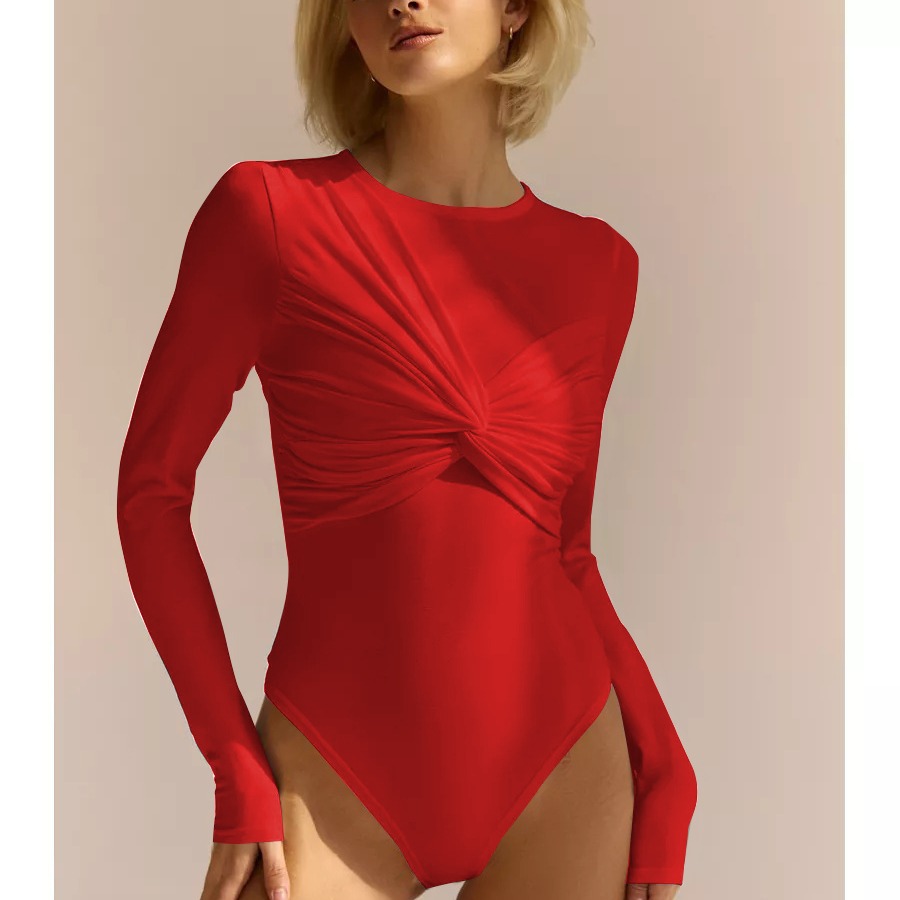 春夏新款女装欧美风抓毛扭结连体衣打底衫长袖修身时尚纯色T恤