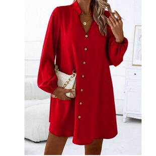 连衣裙DRESS 衬衫 外贸欧美春秋新款 跨境纯色V领单排扣宽松A字长袖