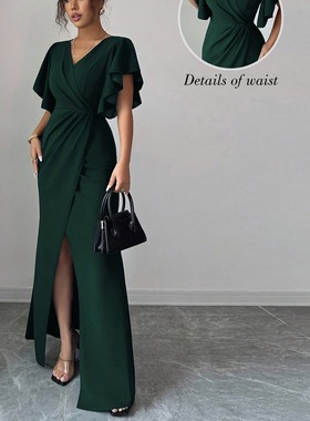 速卖通轻奢欧美藏蓝色高腰修身开叉性感荷叶边短袖连衣裙年会礼服