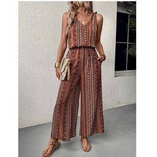 夏季新款欧美经典条纹印花前后V领松紧收腰吊带连体裤女Jumpsuits