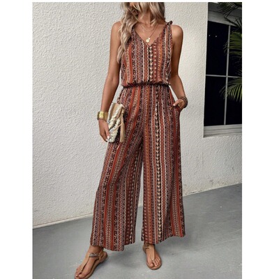 欧美V领条纹收腰背心连连体裤女