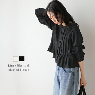 春季新款女装复古凤琴褶皱压褶衬衫圆领长袖显瘦纯色单排扣衬衣