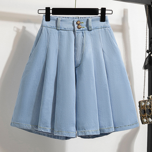 小个子大码 裙热裤 学生A字褶皱高腰天丝宽松阔腿牛仔短裤 5XL 女装