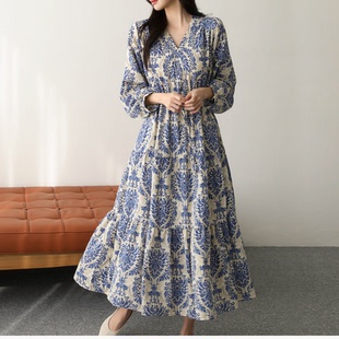 长袖 韩版 V领复古印花系带收腰荷叶边中长款 女装 连衣裙潮DRESS 大码