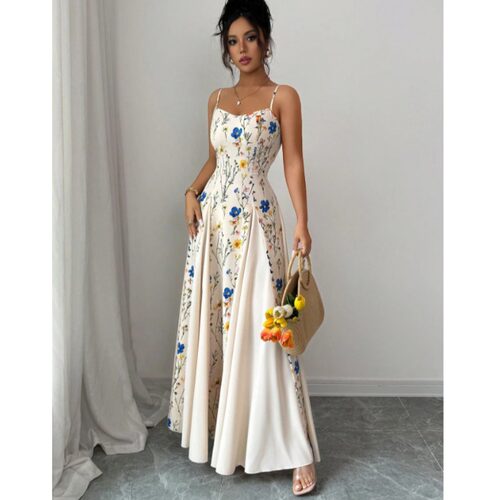 欧美夏季新款时尚抹胸修身露背印花拼接吊带连衣裙礼服长裙DRESS