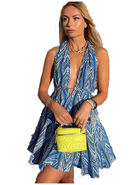 速卖通夏季三亚海边沙滩装深V领性感露背系带挂脖无袖连衣裙DRESS