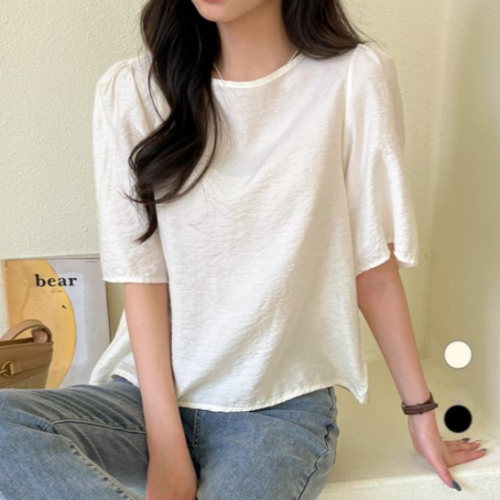 韩国外单日本圆领白色宽松简约夏季套头五分中袖T恤打底衫上衣女
