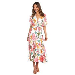 连衣裙DRESS 大摆中长款 夏季 波西米亚V领收腰系带印花百褶荷叶短袖