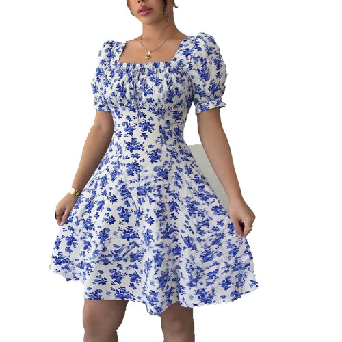 小个子甜美夏季欧美风时尚方领印花松紧收腰泡泡短袖连衣裙DRESS