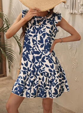 跨境欧美速卖通时尚夏季树叶印花圆领甜美飞飞袖连衣裙短裙DRESS