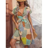 新款 通勤OL时尚 翻领排扣几何印花短袖 速卖通夏季 休闲衬衫 裙DRESS