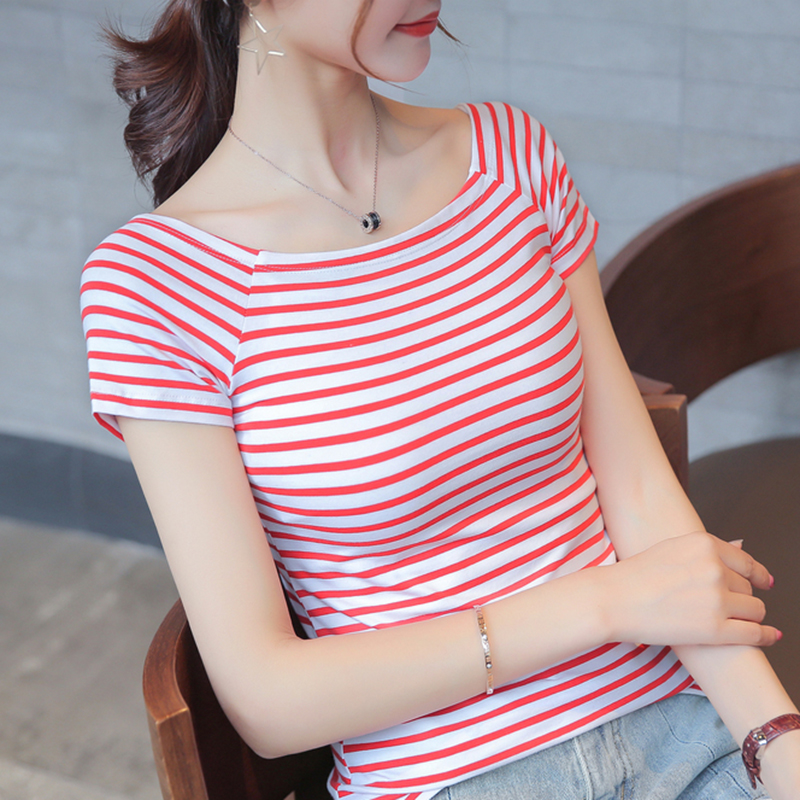 2018Ïļ¾ÐÂÆ·º«°æÅ®×°ÏÔÊÝÌõÎÆÐÞÉí¶ÌÐätÐôÃÞ´òµ×ÉÀT-shirt women