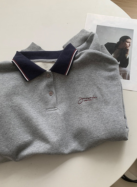 POLO无帽灰色卫衣女2025新款韩版宽松翻领套头春秋薄款长袖上衣春