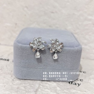 diy华子耳钉空托s925银针新中式百合花小水滴耳饰低调简约气质