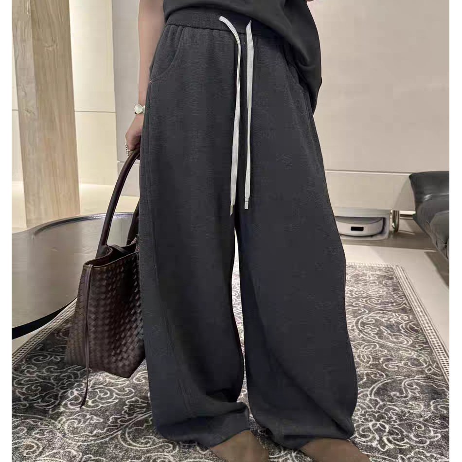 抽绳松紧弯刀阔腿裤女2025春秋韩版宽松显瘦休闲运动裤藏青色卫裤