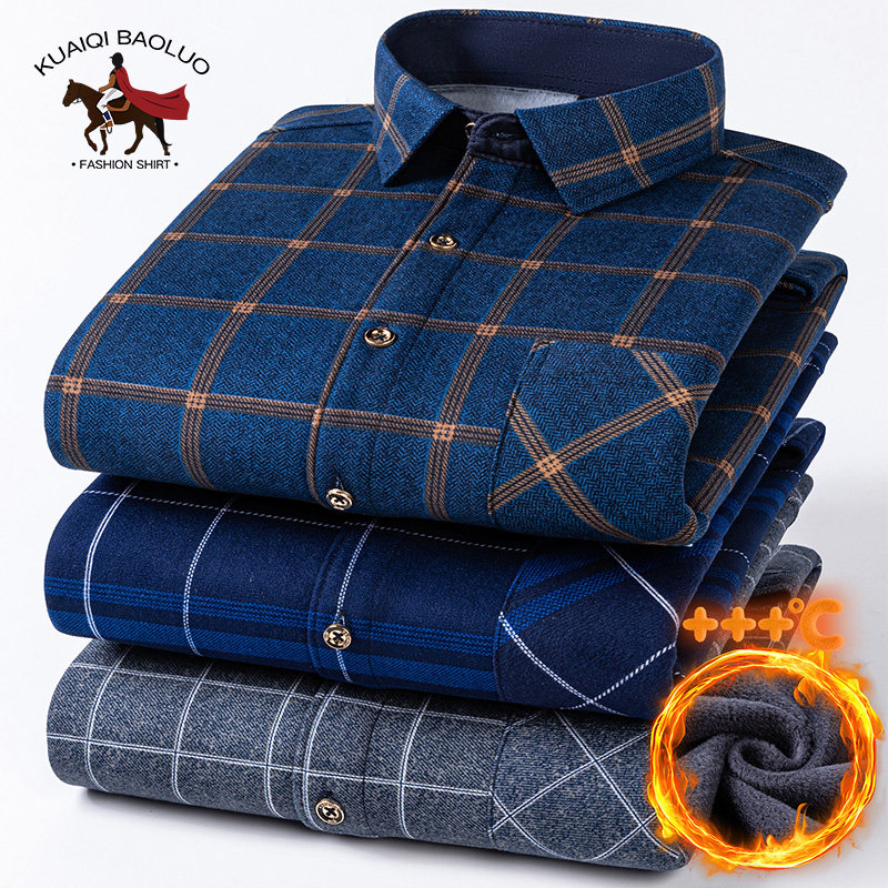 保罗冬季男士加绒加厚保暖衬衫中青年休闲防寒衬衣大码爸爸装上衣