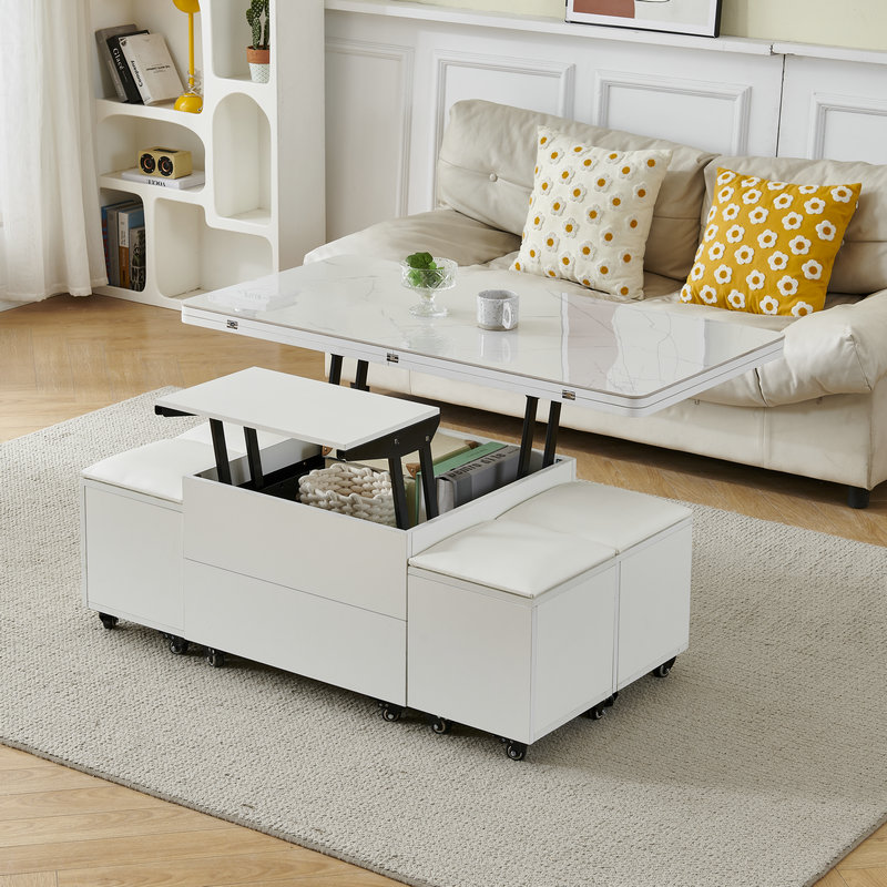 实木岩板四凳小户型升降茶几餐桌