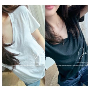 休闲T恤显瘦短袖 自留 人丝正肩合身短袖 AM@V领小白t 上衣 轻薄棉