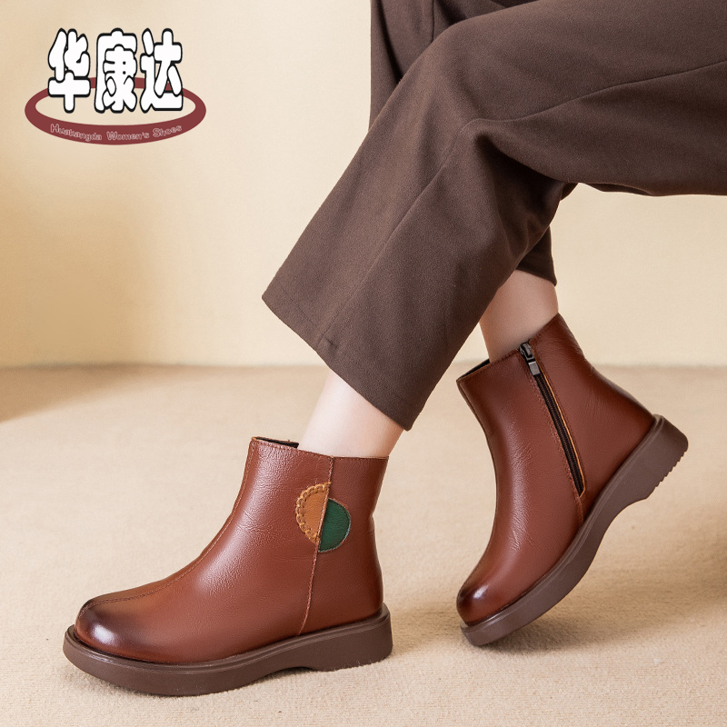 华康达妈妈棉鞋皮毛一体复古短靴