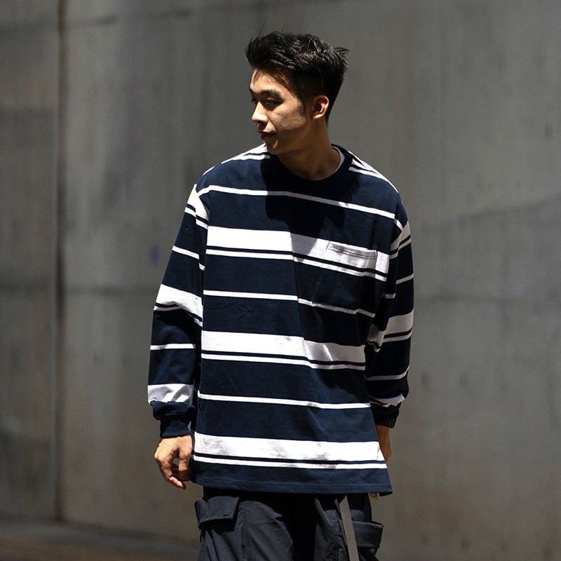 TRS男装|24SS日系cityboy定织320G条纹成衣洗水廓形长袖T恤男