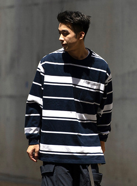 TRS男装|24SS日系cityboy定织320G条纹成衣洗水廓形长袖T恤男