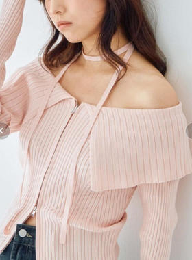 显小脸 孤品 日本原单A家2wayV领露肩性感修身长袖大翻领针织衫