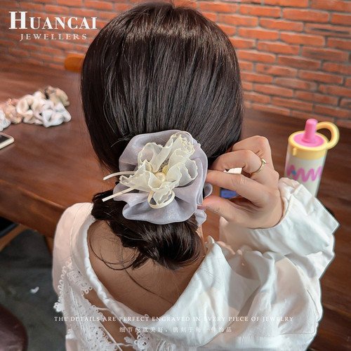 手工欧根纱花朵丸子头抓夹发夹