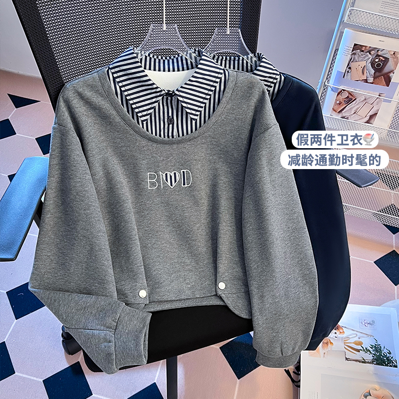 衬衫领长袖卫衣女秋冬2025新款初高中学生韩系刺绣宽松打底上衣潮