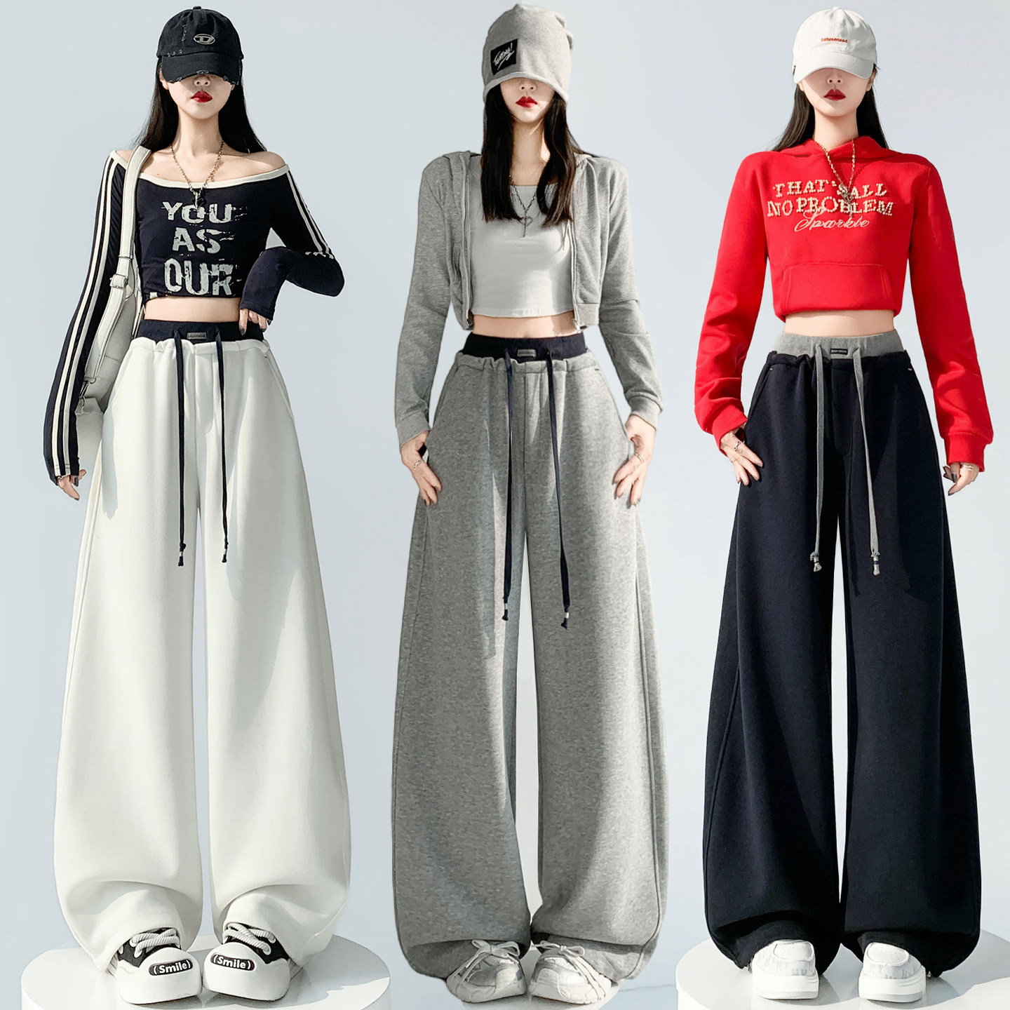 宽松休闲美式弯刀运动裤女2026春季新款高中学生高腰直筒阔腿卫裤,女装/女士精品,休闲裤,淘宝优惠券,粉丝福利购,淘宝优惠卷