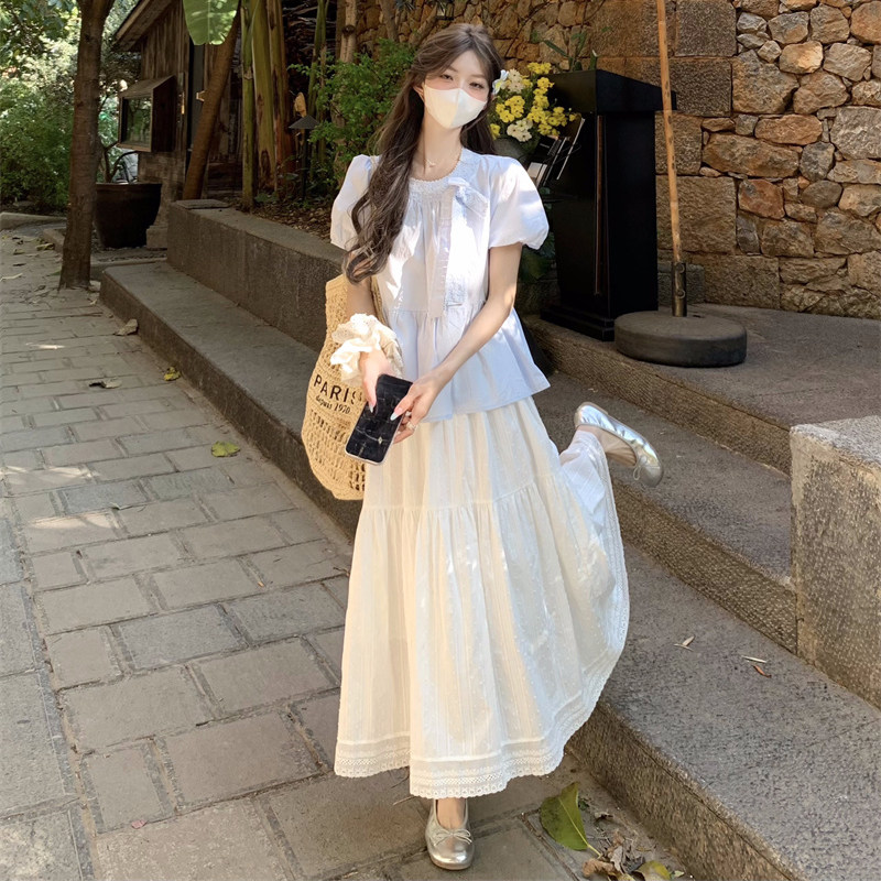 蝴蝶结系带衬衣半身裙套装女夏季2026新款高中学生宽松小众两件套