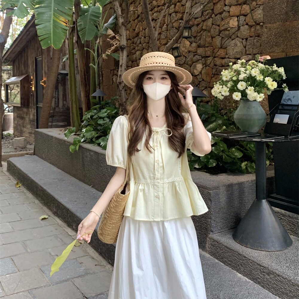 法式短袖上衣花边半身裙套装女2026夏季新款学生小清新休闲两件套
