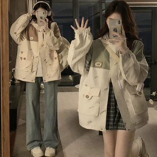 甜美工装外套少女生春秋装2026新款初中高中学生宽松休闲印花夹克