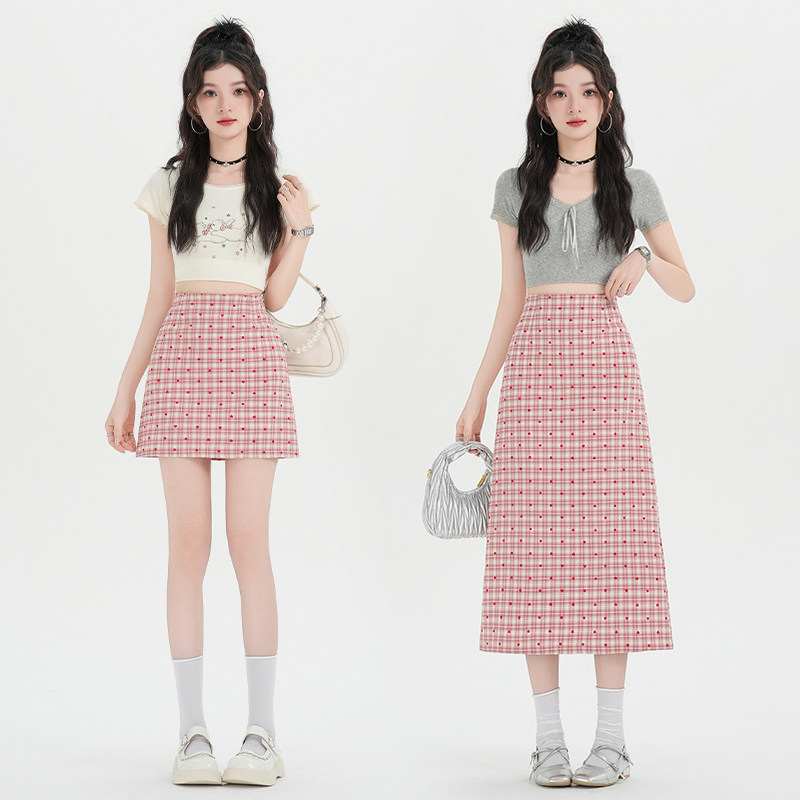 心形刺绣高腰开叉格子裙女2026春夏新款学生韩版百搭a字半身裙子,女装/女士精品,半身裙,淘宝优惠券,粉丝福利购,淘宝优惠卷