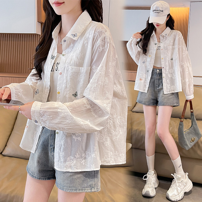 提花刺绣防晒长袖衬衫女2026夏季新款初高中学生宽松复古上衣外套