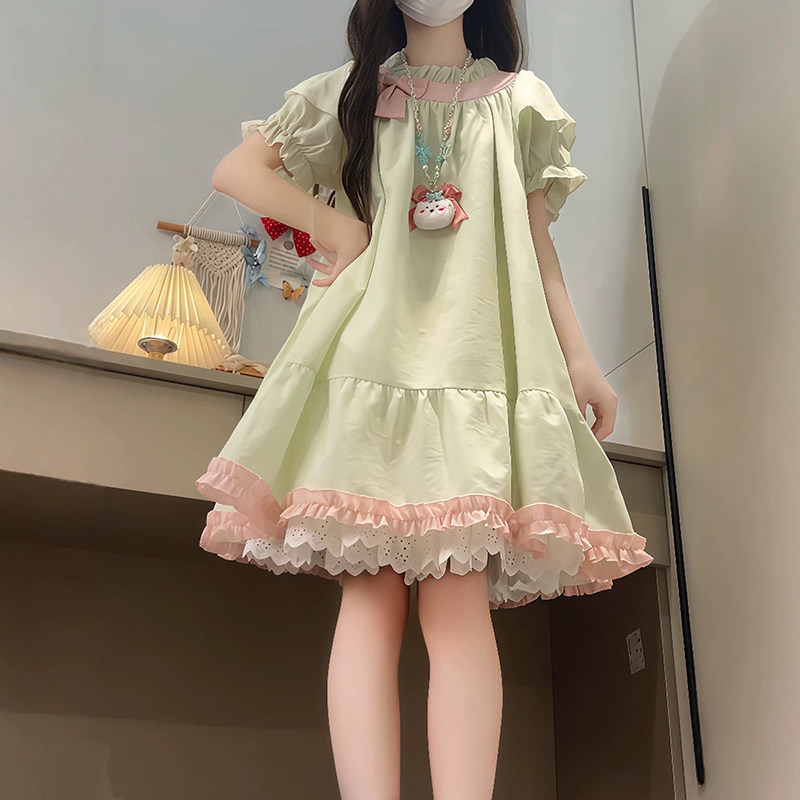 甜美宽松连衣裙少女2026夏季新款初高中学生蕾丝边小个子公主短裙