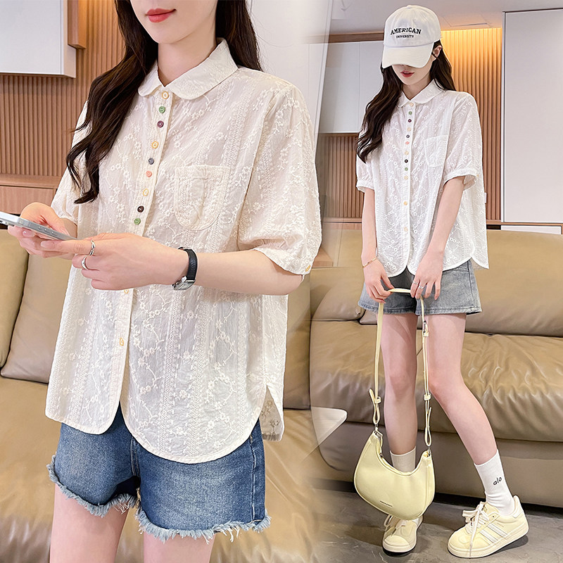 小众绣花短袖衬衫女2026夏季新款初高中学生提花薄款休闲外穿衬衣
