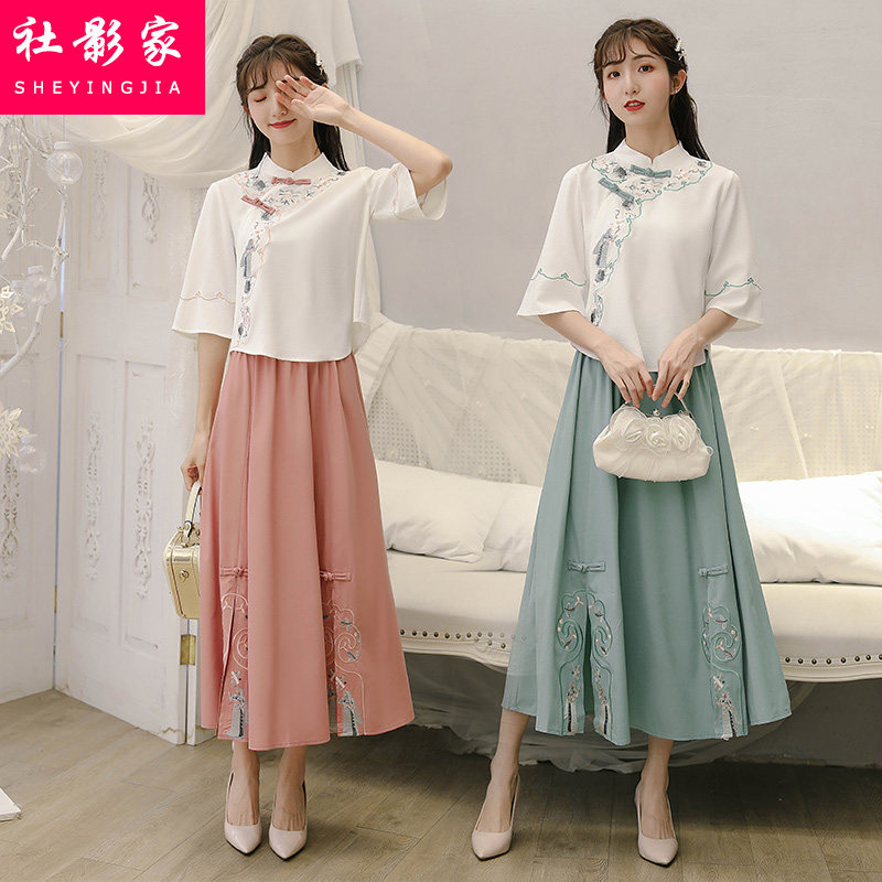 2020夏季新款中国风改良汉服连衣裙女高中学生流行民国旗袍裙套装