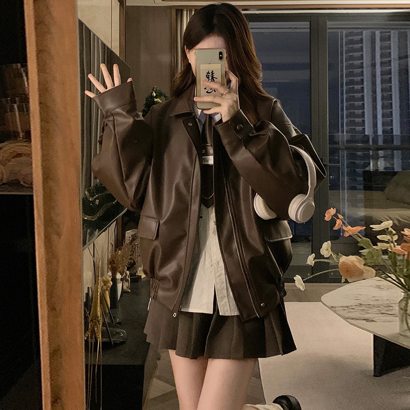 美拉德皮衣外套女春季2025新款初高中学生美式复古pu皮夹克上衣潮