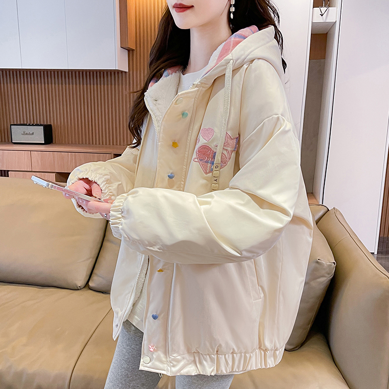 羊羔绒加厚连帽外套少女秋冬2025新款初高中学生宽松保暖冲锋棉衣