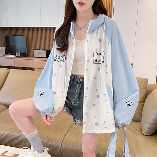 甜美印花拼色连帽外套女2026夏季新款初高中学生轻薄透气防晒上衣