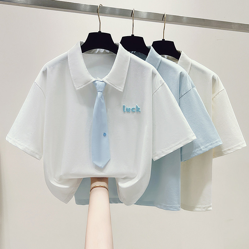 学院风polo翻领短袖t恤少女夏季新款初高中学生小熊刺绣领带上衣