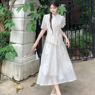 新中式国风改良旗袍裙套装仙女夏季新款学生刺绣上衣半身裙两件套