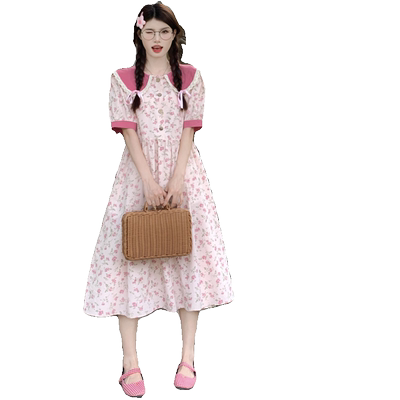 甜美碎花撞色连衣裙少女夏