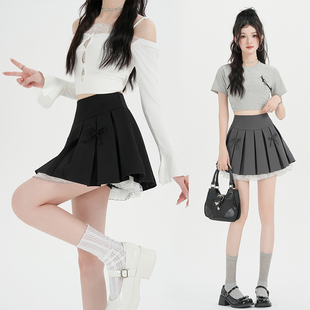 学院风蝴蝶结百褶半身裙女2026春夏新款学生小众蕾丝拼接A字短裙