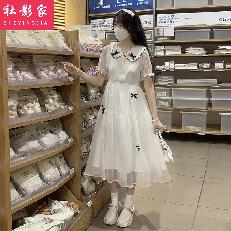 蝴蝶结雪纺连衣裙少女初高中学生2025夏装新款甜美收腰显瘦长裙子