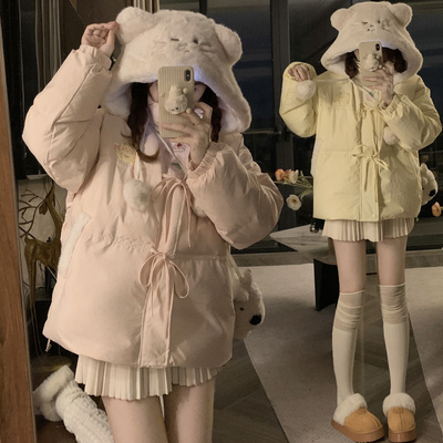 加厚保暖棉衣外套女冬季2025新款初中高中学生可爱刺绣连帽面包服