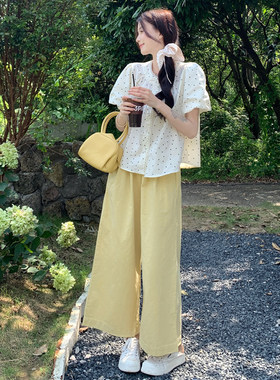 法式波点衬衫阔腿裤套装女夏季2026新款初高中学生花边宽松两件套