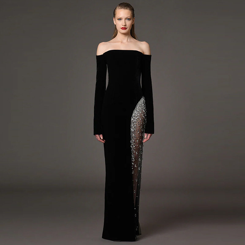 轻奢欧美时尚重工钉珠镶钻拼网纱一字肩黑色长款晚礼服 年会 宴会